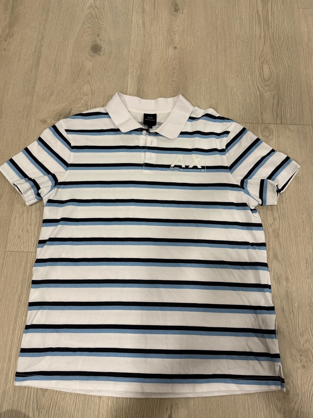 Armani Exchange White Polo with Navy & Light Blue Stripes